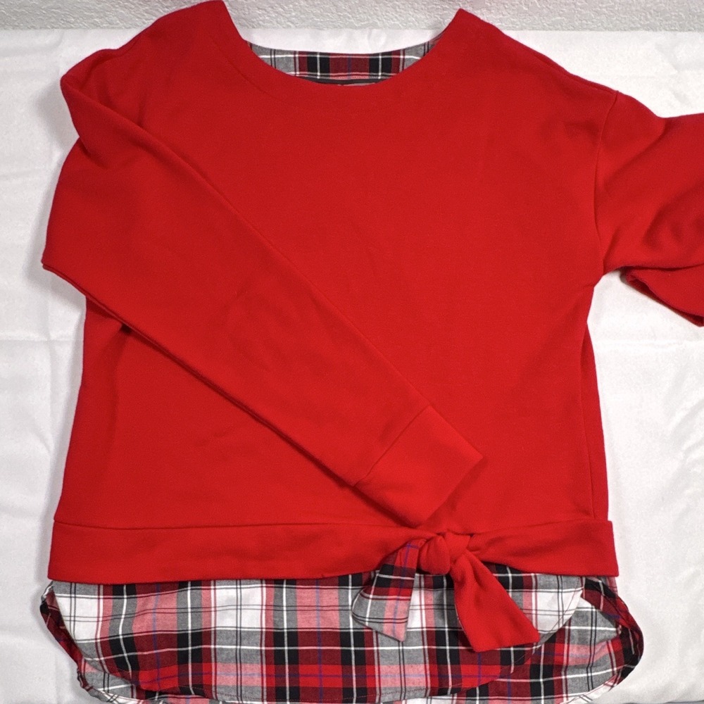 IZOD Women's One Size Red Fleece Plaid Lounge Set Long Sleeve Tie Bow